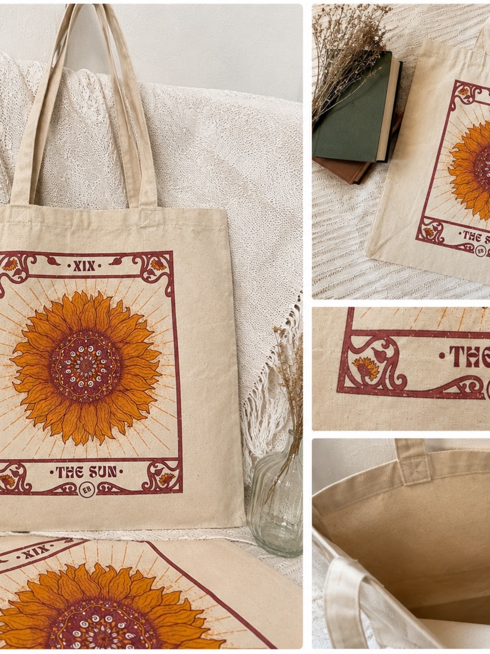 Earthbound Sunflower Canvas Tote Bag - Natural with Orange Print
